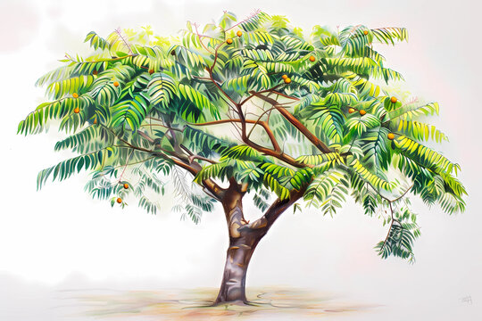 Tamarind (Tamarindus indica) (Colored Pencil) - Africa and Asia - A wide-spreading canopy and compound leaves. They produce pod-like fruits with a tangy, sweet-sour pulp used in culinary preparations