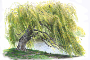 Willow (Salix) (Colored Pencil) - Worldwide - Deciduous trees or shrubs with slender branches and long, narrow leaves. Often found near water bodies and are known for their graceful appearance 