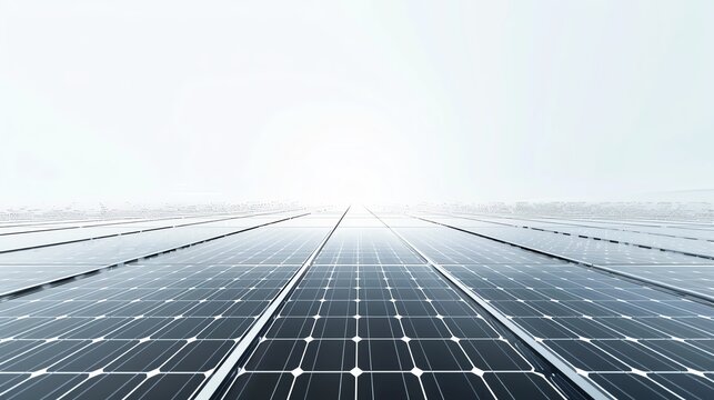 Rows of solar panels showcased on a white background, 3D rendering, emphasizing a clean and futuristic energy solution