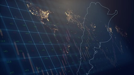 Cg footage of the territory of Argentina with a fill from the flag against the backdrop of moving financial and economic graphs and charts against the backdrop of a world map. - Powered by Adobe