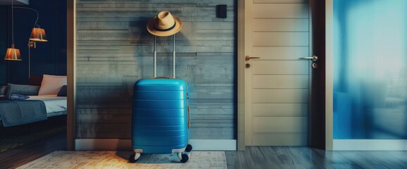 Blue Luggage With A Hat In A Modern Hotel Room After Door Opening Time To Travel Service. With Copy Space , Background