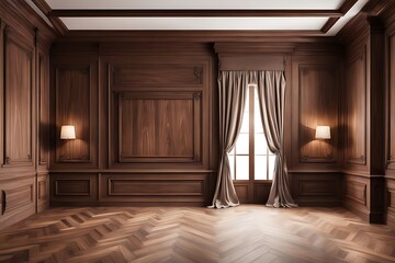  Premium style, an empty room with wooden boiserie on the wall featuring walnut wood panels. Wooden wall of an old-styled room design. 