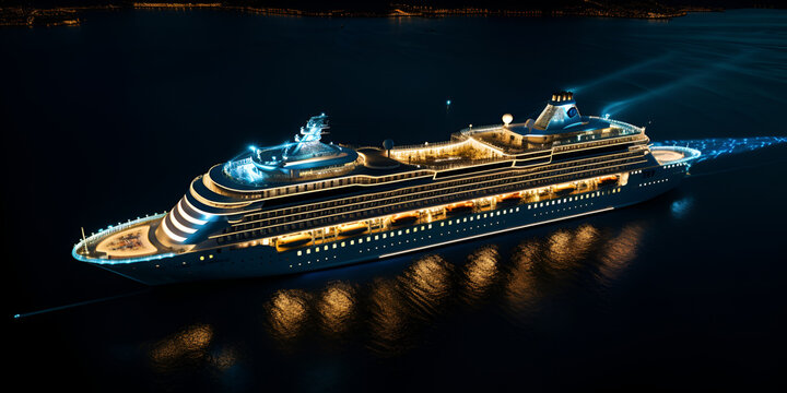 A cruise ship at night with the words " cruise " on the side for enjoy the travel and looking so amazing seen with dark background
