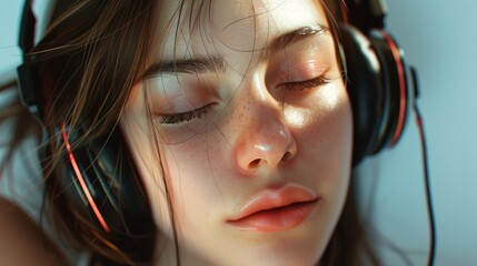 Young girl listening music hyper realistic 