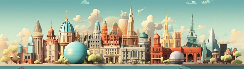 A beautiful cityscape with a river running through it. The city is full of colorful buildings and there are mountains in the background.