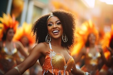 Brazilian samba dancer in full celebration taking a selfie in orange tones