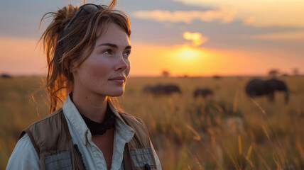 Woman in savanna at sunset