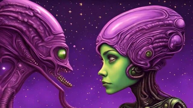 lady converses with an alien, reminiscent of Giger's art, which was inspired by a girl