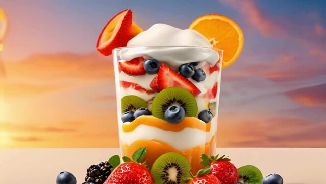 Fresh fruit parfait is depicted in a hyper realistic style, with elements suspended in the air against a vibrant sunrise orange background