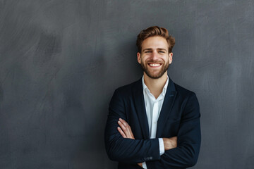 A smiling businessman exudes confidence against a gray backdrop, with ample copy space.