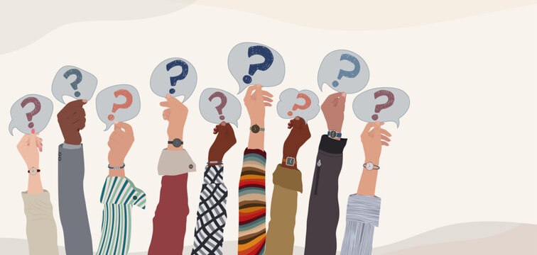 Raised hands of people holding a speech bubble with a hand-drawn question mark symbol. Concept of choice - problem - question -doubt - or query. FAQ. Banner copy space