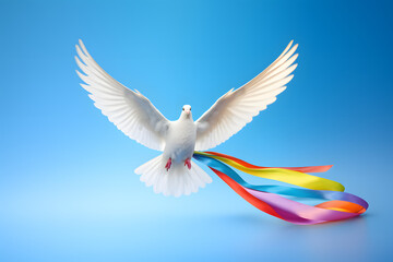 Obraz premium Peace Dove Wrapped in Rainbow Ribbon on Sky Blue Background - An image of a peace dove with its wings spread, wrapped in a rainbow Generative Ai,