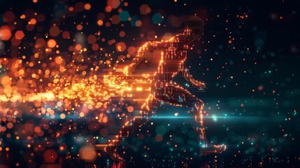 Fototapeta premium Man of glowing pixels dashes through a dark background, emphasizing speed and digital artistry