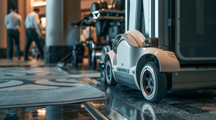 Obraz premium Feature a close-up of a luggage-lifting robot's wheels and base, portrait, selective focus, in a hotel loading zone, realistic, Overlay, with a backdrop of luggage carts and bellhops