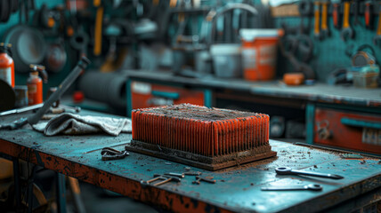 An old air filter on a workbench in a workshop.