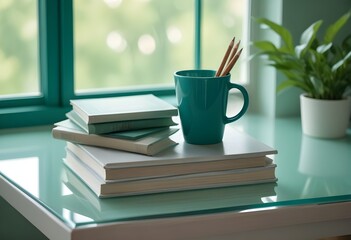 a stack of books with pencils and a cup of tea on top of them