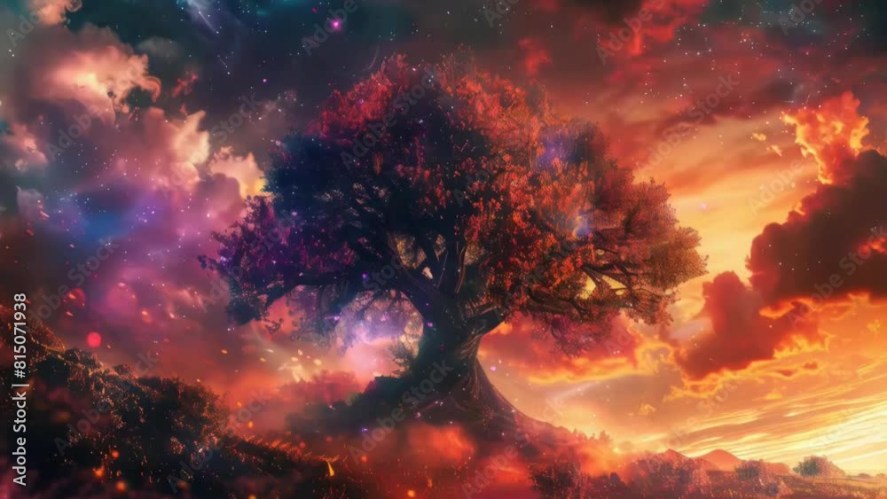 Wall mural tree with red leaves is main focus