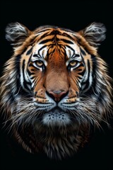 Fototapeta premium Majestic Tiger Portrait on Black Background, Wildlife Photography Generative AI