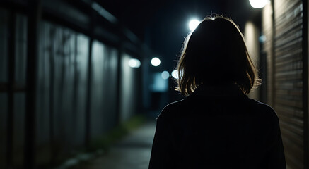 Obraz premium Back view shot of Silhouette of a young woman walking home alone at night, scared of stalker and being assaulted, insecurity concept, 