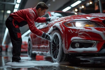 Man washing red car with foam