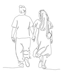 Couple holding hands and walking away. Holding mobile phones. Rear view. Continuous line drawing. Black and white vector illustration in line art style.