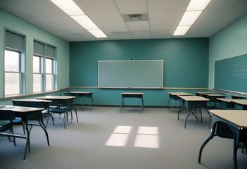 a room with tables and chairs with the sun coming through the windows