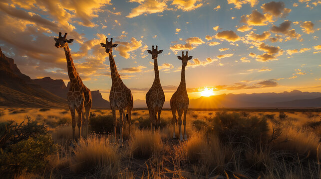 four giraffes in the savanna at sunset