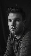 Fototapeta premium Portrait of a Young Man in His Thirties, Black and White Photography Generative AI