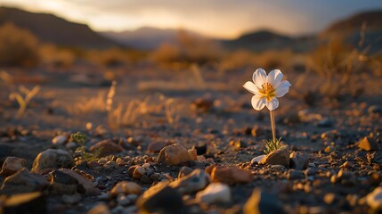 A lone desert flower blooming amidst the harsh conditions, its delicate petals a symbol of...