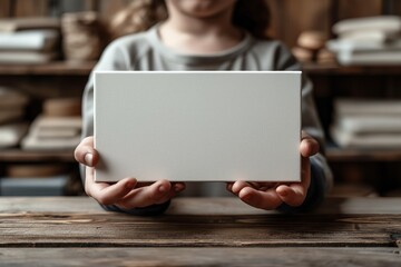 Woman presenting a rectangular blank box - Powered by Adobe