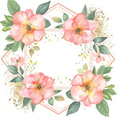 Pink floral frame with gold geometric shape on white background 