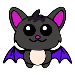  A cute black bat with large eyes and pink ears, sitting on a white background