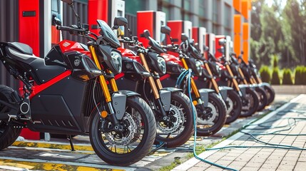 A group of electric motorcycles charging at a specialized power supply station, focusing on alternative electric transportation
