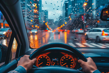 A person driving car in rain