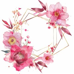 Pink floral frame with gold geometric shape on white background 