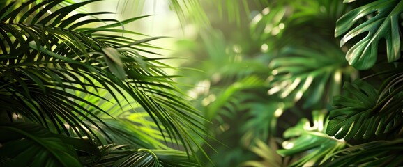 Fototapeta premium Tropical Leaves In The Primal Forest Of Costa Rica Are Described. With Copy Space , Background