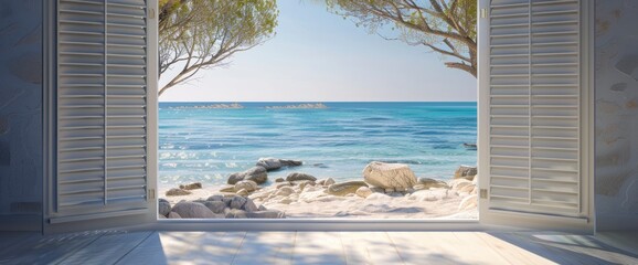 View Through An Open Window With Shutters Of The Sandy Beach Rocky Coastline. With Copy Space , Background © AIChroma
