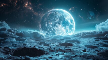 The image shows a beautiful landscape of a blue moon rising over a rocky moon surface.
