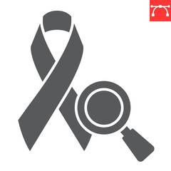 Cancer prevention glyph icon, aids and disease, awareness ribbon with magnifier vector icon, vector graphics, editable stroke solid sign, eps 10.