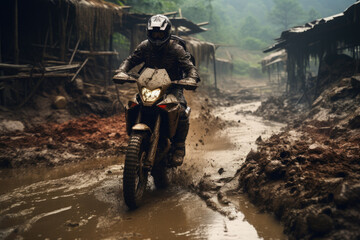 A man, a professional motorcyclist, participates in motocross racing. Driving off-road in cloudy weather, where mud and puddles make it even more difficult. Motorsport concept, extreme, speed.