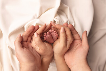 Children's feet in the arms of their parents. On a white background.