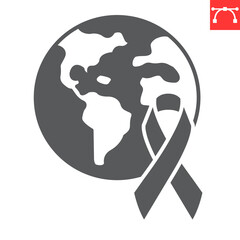 World cancer day glyph icon, charity and support, earth with awareness ribbon vector icon, vector graphics, editable stroke solid sign, eps 10.