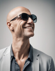 Obraz premium Portrait of a happy bald man smiling and wearing sunglasses at the camera on a white background 