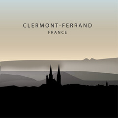 Paysage de Clermont-Ferrand avec la cathédrale. Silhouette de la cathédrale de Clermont-Ferrand. Paysage d'Auvergne. Levé de soleil dans la ville de Clermont. Illustration Clermont-Ferrand Puy de Dôme © Megane Ad