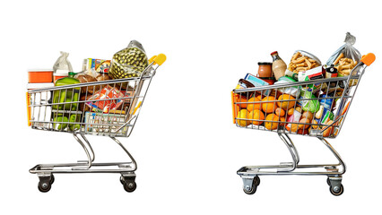 Two Trolley Shopping cart full of fruits and vegetables Groceries shot of a shopping basket isolated on transparent background online shopping concept