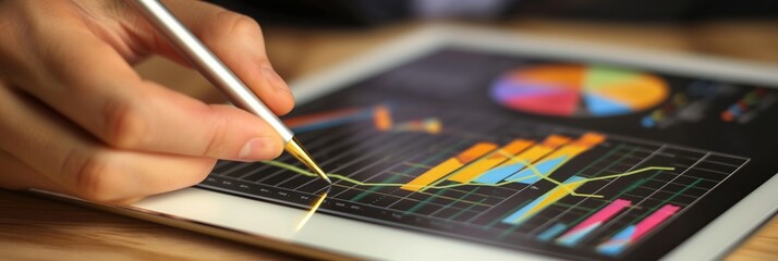 Obraz premium Close-up of a hand holding a stylus over a tablet displaying colorful financial charts and graphs