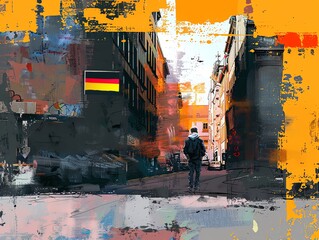 A digital artwork of a street artist in Berlin with the German flag in an urban setting