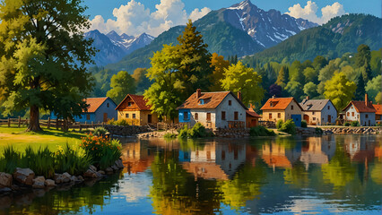 Fototapeta premium village near the lake (cartoon)