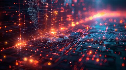 Fototapeta premium Detailed close up of a computer circuit board showing various electronic components and connections.