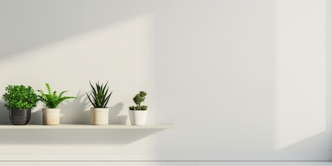 Serene scene of a white shelf with various potted green plants in a sunny, white room